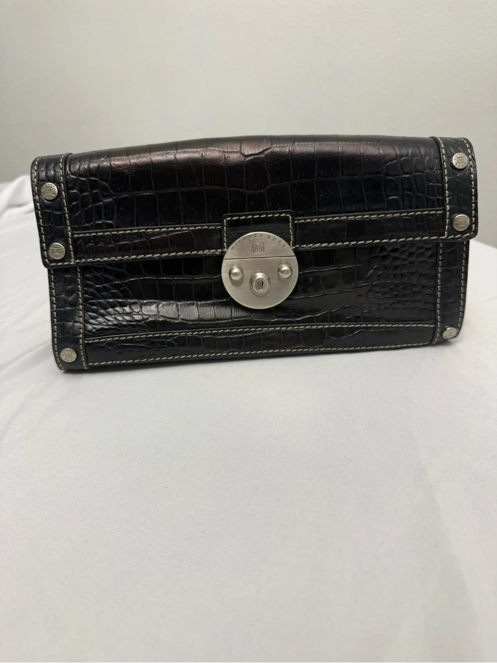 Michael Kors Black Croc-Embossed Wristlet Clutch with Contrast Stitching